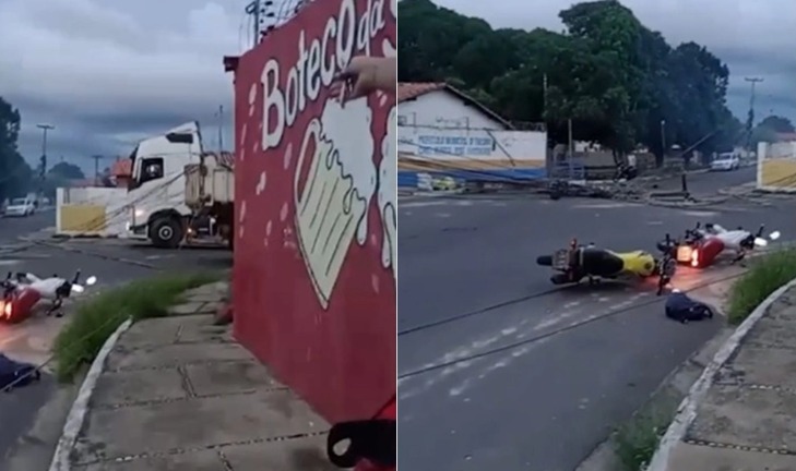  Vídeo: caminhão derruba poste e fios atingem motociclistas em Teresina