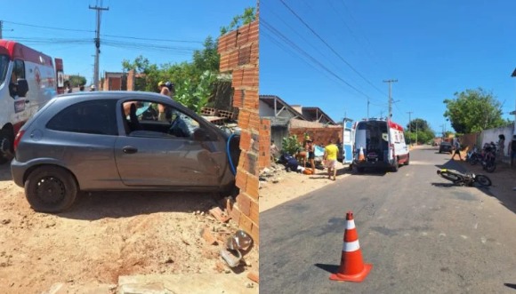 Acidente entre carro e moto derruba muro e deixa três feridos no litoral do Piauí